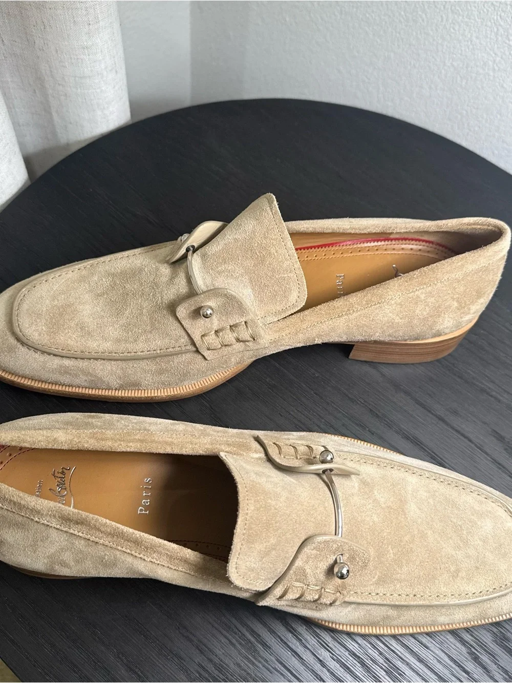 Christian Louboutin Chambelimoc Suede Loafers Dress Shoes Tan 46